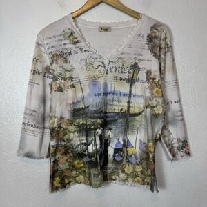 Cactus Top Womens XL Black‎ Italy Venice Canal Rhinestones AOP Lettuce Hem Shirt